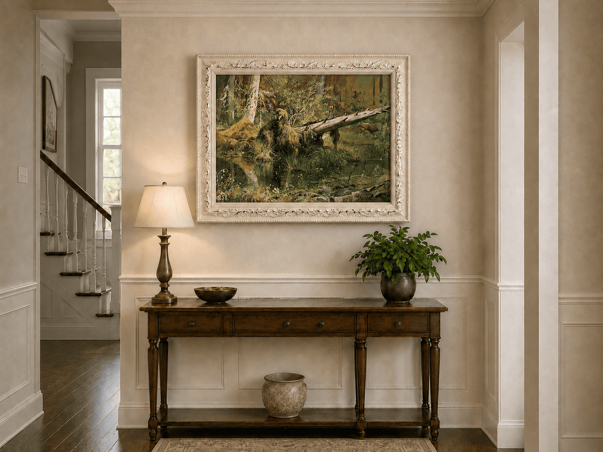 Framed hand-painted forest marsh oil painting with a bear beside fallen timber and reflective water displayed above an entryway console table.