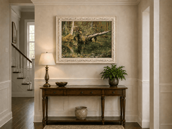 Framed hand-painted forest marsh oil painting with a bear beside fallen timber and reflective water displayed above an entryway console table.