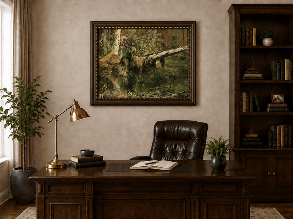 Framed hand-painted forest marsh oil painting with a bear beside fallen timber and reflective water displayed above a traditional home office desk.
