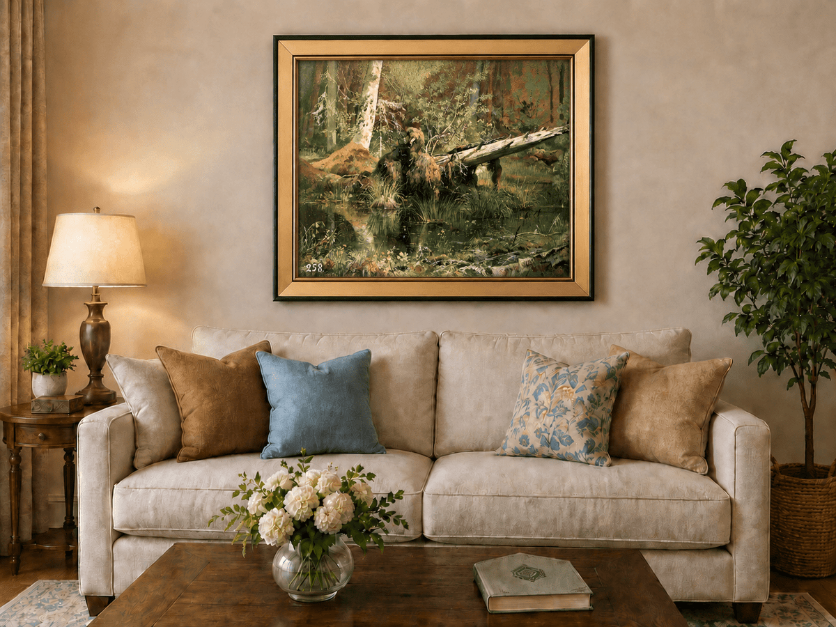 Framed hand-painted forest marsh oil painting with a bear beside fallen timber and reflective water displayed above a neutral living room sofa.