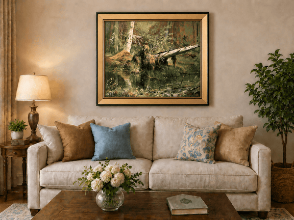 Framed hand-painted forest marsh oil painting with a bear beside fallen timber and reflective water displayed above a neutral living room sofa.