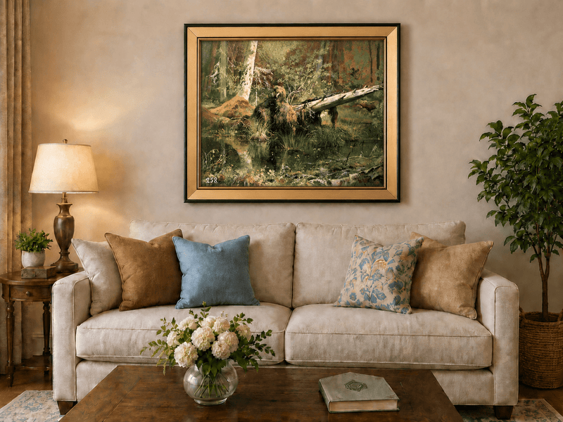 Framed hand-painted forest marsh oil painting with a bear beside fallen timber and reflective water displayed above a neutral living room sofa.