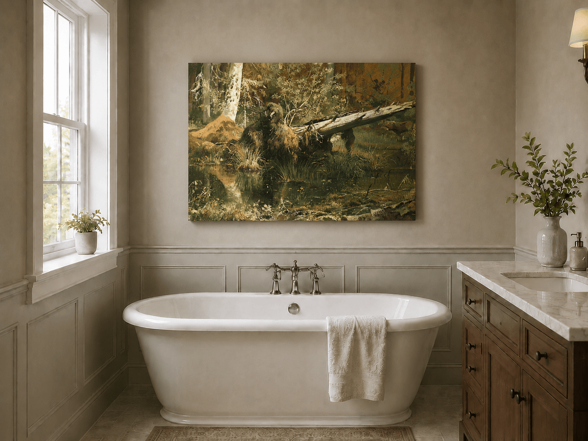 Unframed hand-painted forest marsh oil painting with a bear beside fallen timber and reflective water displayed above a freestanding bathtub.