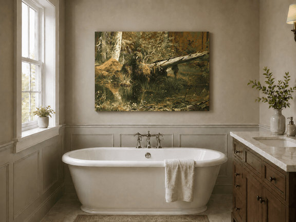 Unframed hand-painted forest marsh oil painting with a bear beside fallen timber and reflective water displayed above a freestanding bathtub.