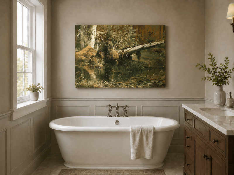 Unframed hand-painted forest marsh oil painting with a bear beside fallen timber and reflective water displayed above a freestanding bathtub.