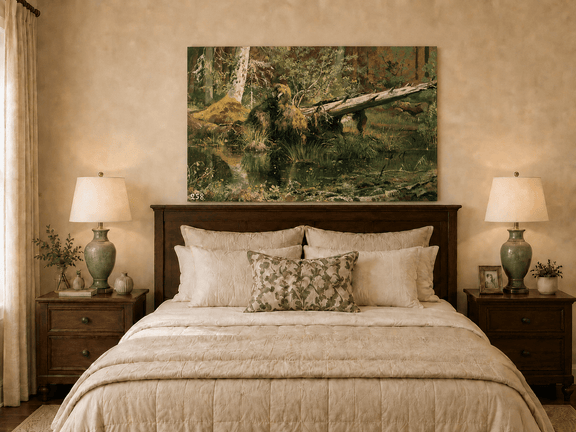 Unframed hand-painted forest marsh oil painting with a bear beside fallen timber and reflective water displayed above a wooden bed in a neutral bedroom.