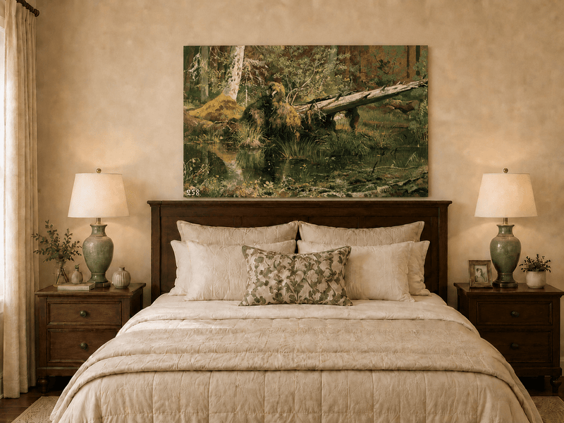 Unframed hand-painted forest marsh oil painting with a bear beside fallen timber and reflective water displayed above a wooden bed in a neutral bedroom.