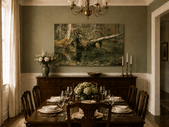 Unframed hand-painted forest marsh oil painting with a bear beside fallen timber and reflective water displayed above a formal dining table.