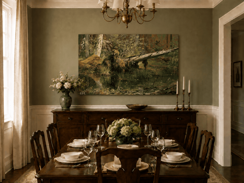 Unframed hand-painted forest marsh oil painting with a bear beside fallen timber and reflective water displayed above a formal dining table.