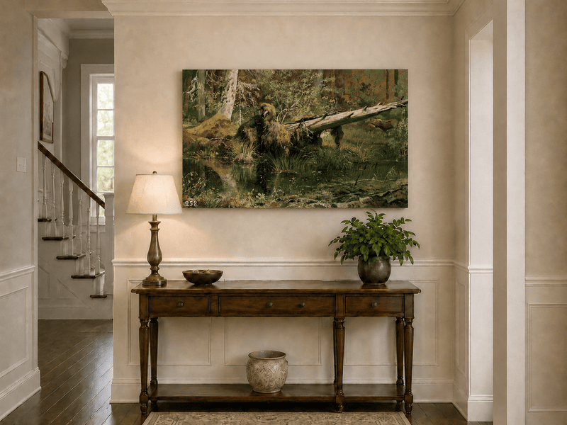 Unframed hand-painted forest marsh oil painting with a bear beside fallen timber and reflective water displayed above an entryway console table.