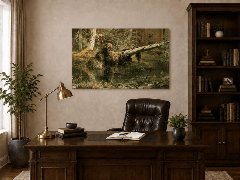 Unframed hand-painted forest marsh oil painting with a bear beside fallen timber and reflective water displayed above a traditional home office desk.
