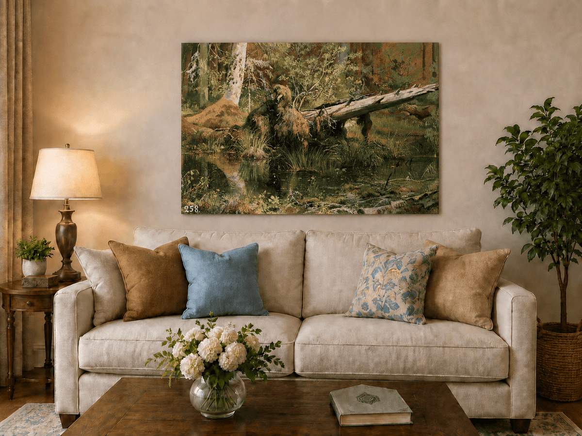 Unframed hand-painted forest marsh oil painting with a bear beside fallen timber and reflective water displayed above a neutral living room sofa.