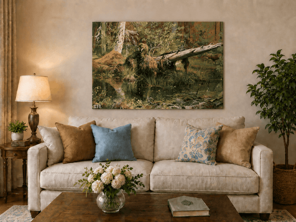 Unframed hand-painted forest marsh oil painting with a bear beside fallen timber and reflective water displayed above a neutral living room sofa.