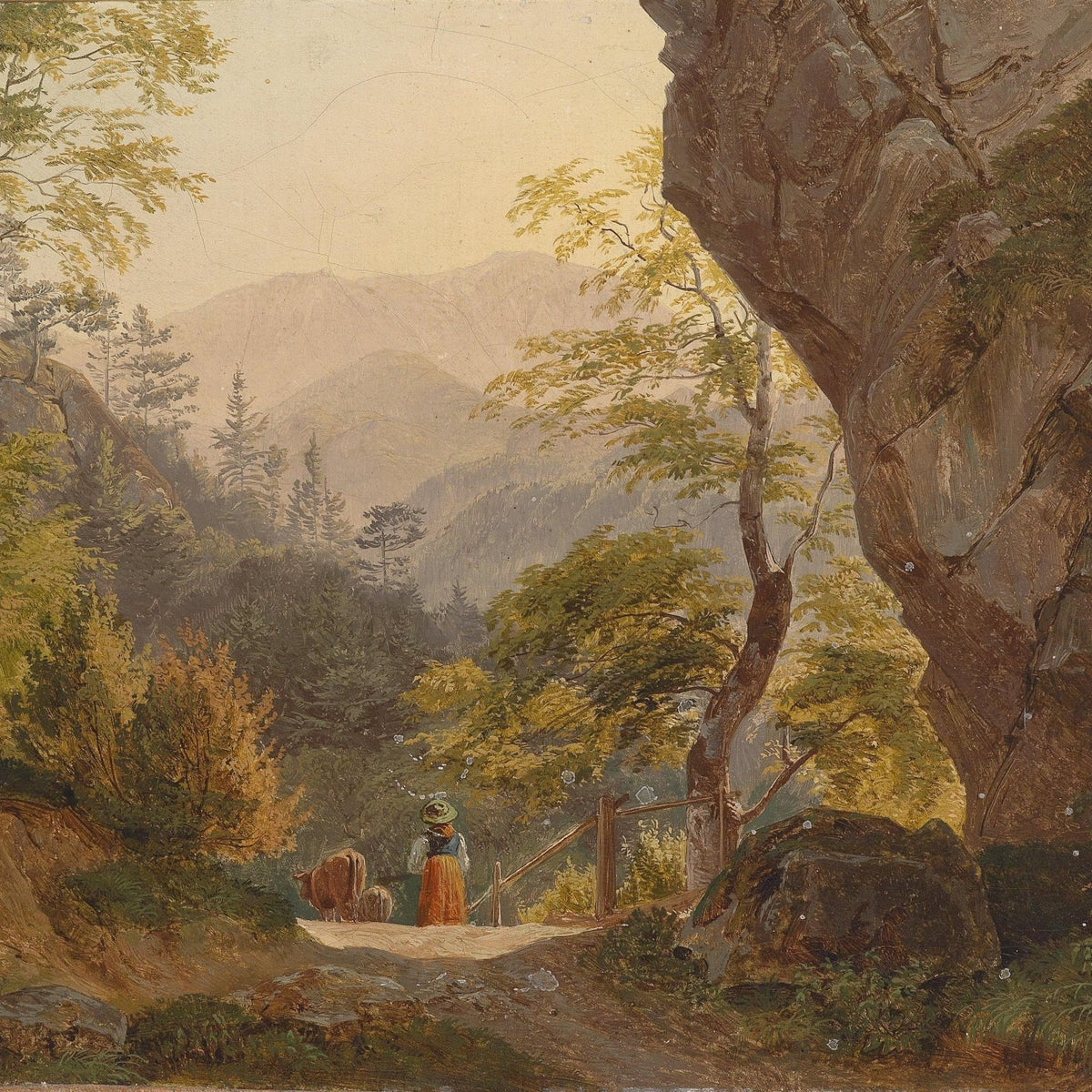 Forest Mountain Path with Figure, Valley View – Landscape Oil Painting - Oil Painting Haven