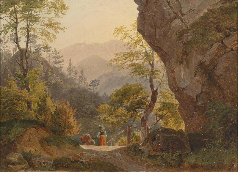 Forest Mountain Path with Figure, Valley View – Landscape Oil Painting - Oil Painting Haven