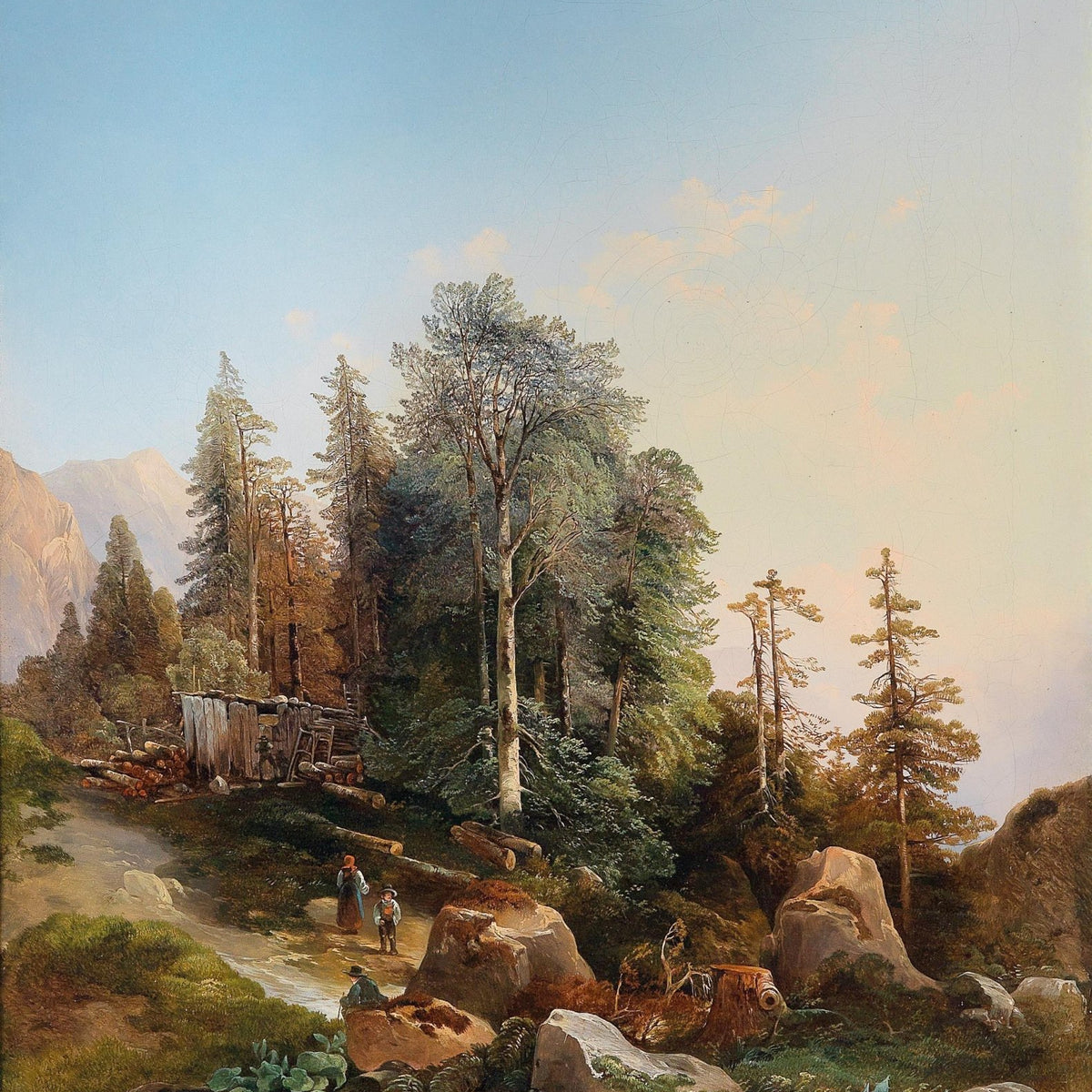 Forest Mountain Path with Figures – Hand - Painted Landscape Oil Painting - Oil Painting Haven