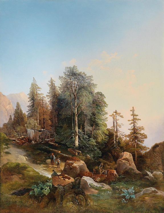 Forest Mountain Path with Figures – Hand - Painted Landscape Oil Painting - Oil Painting Haven