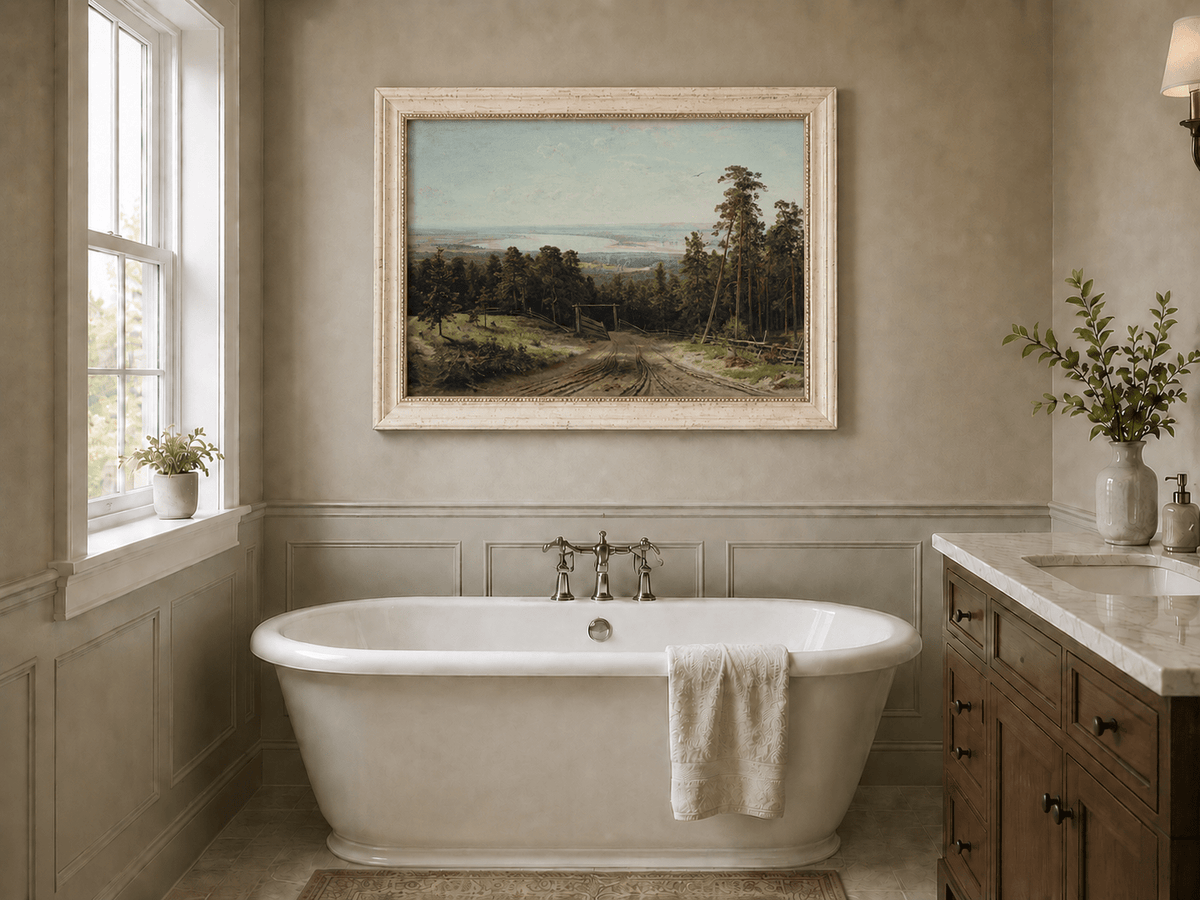 Framed hand-painted forest path oil painting leading toward a distant lake displayed above a freestanding bathtub.