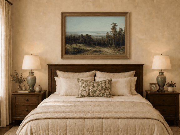 Framed hand-painted forest path oil painting leading toward a distant lake displayed above a wooden bed in a neutral bedroom.