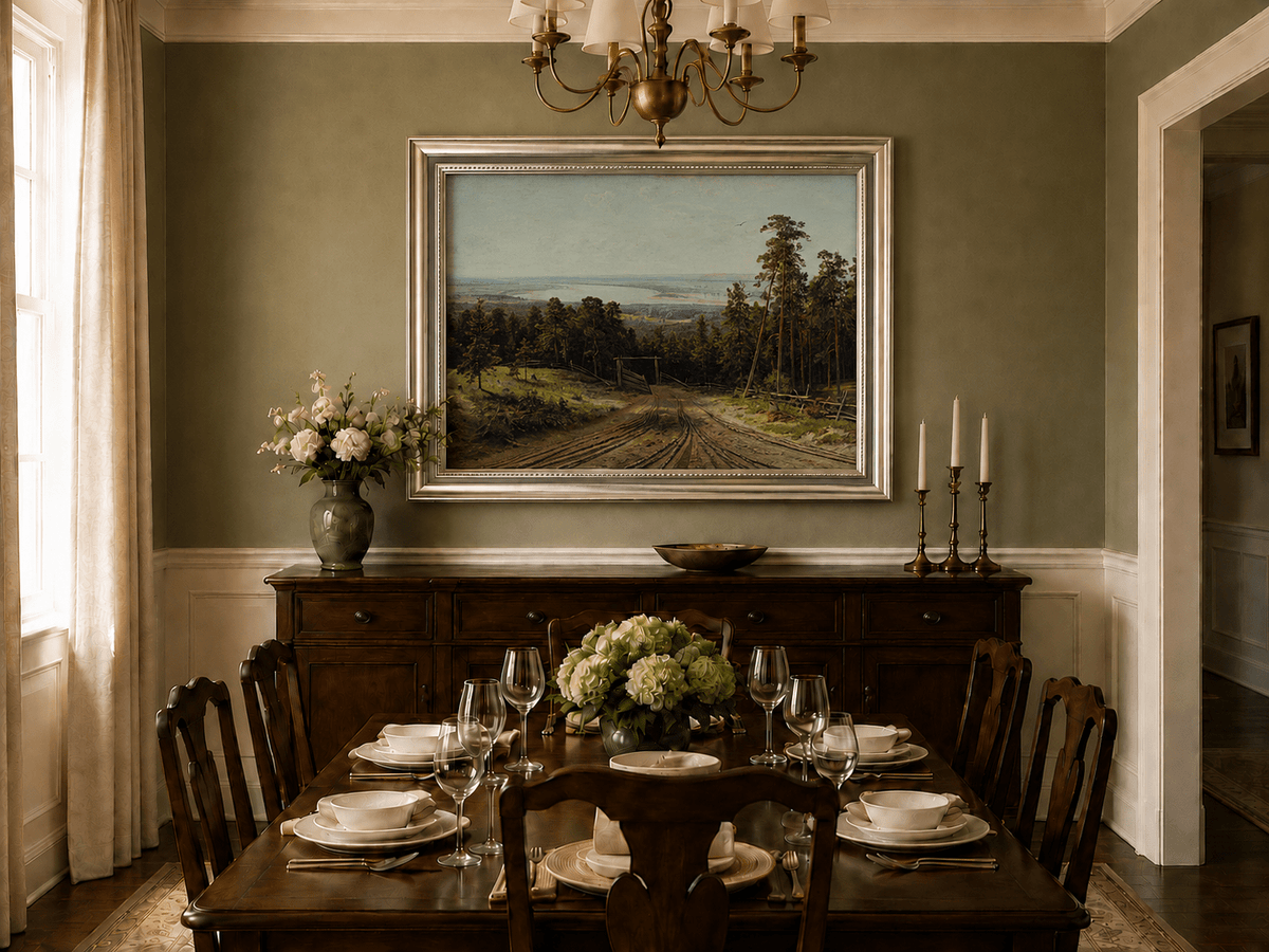 Framed hand-painted forest path oil painting leading toward a distant lake displayed above a formal dining table.