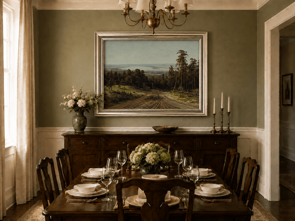 Framed hand-painted forest path oil painting leading toward a distant lake displayed above a formal dining table.