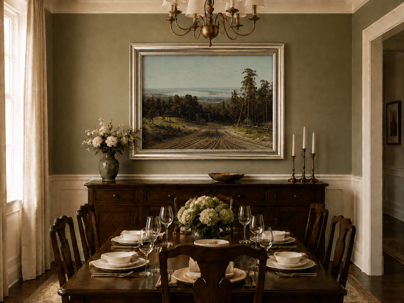 Framed hand-painted forest path oil painting leading toward a distant lake displayed above a formal dining table.
