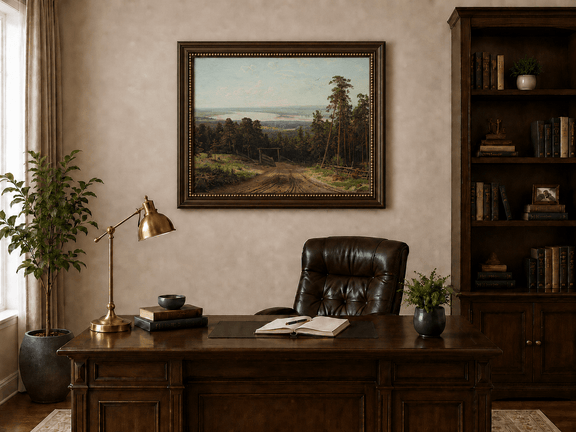 Framed hand-painted forest path oil painting leading toward a distant lake displayed above a traditional home office desk.