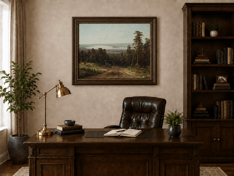 Framed hand-painted forest path oil painting leading toward a distant lake displayed above a traditional home office desk.