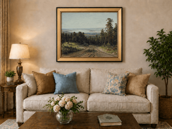 Framed hand-painted forest path oil painting leading toward a distant lake displayed above a neutral living room sofa.