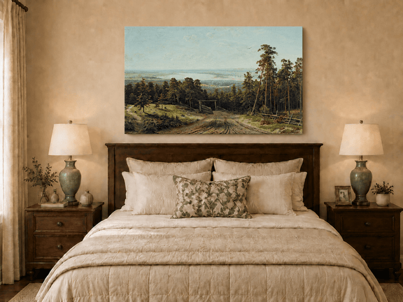Unframed hand-painted forest path oil painting leading toward a distant lake displayed above a wooden bed in a neutral bedroom.