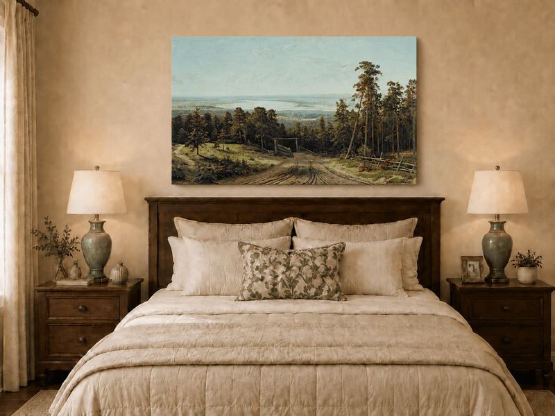 Unframed hand-painted forest path oil painting leading toward a distant lake displayed above a wooden bed in a neutral bedroom.