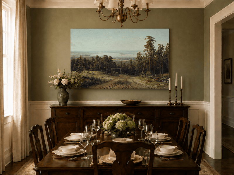 Unframed hand-painted forest path oil painting leading toward a distant lake displayed above a formal dining table.