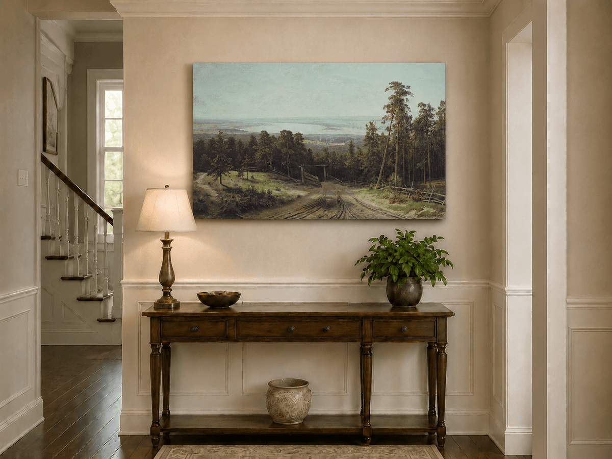 Unframed hand-painted forest path oil painting leading toward a distant lake displayed above an entryway console table.