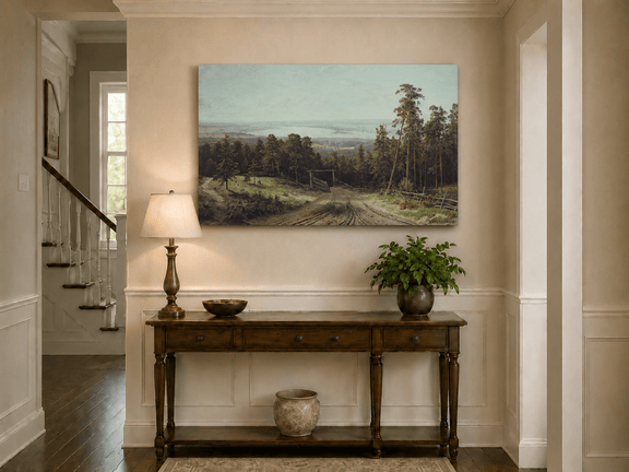 Unframed hand-painted forest path oil painting leading toward a distant lake displayed above an entryway console table.