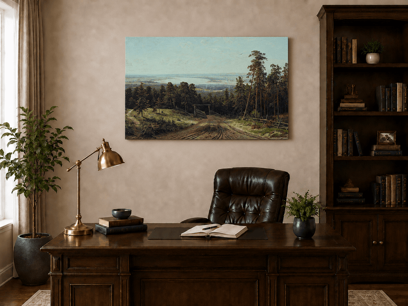 Unframed hand-painted forest path oil painting leading toward a distant lake displayed above a traditional home office desk.
