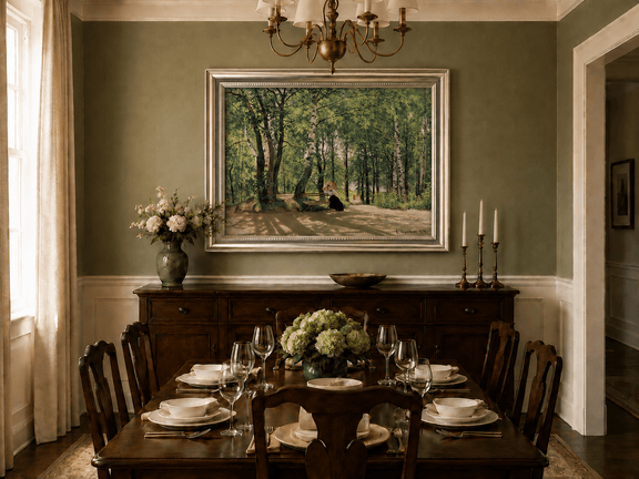 Framed hand-painted forest path oil painting with a figure resting near a bench displayed above a formal dining table.