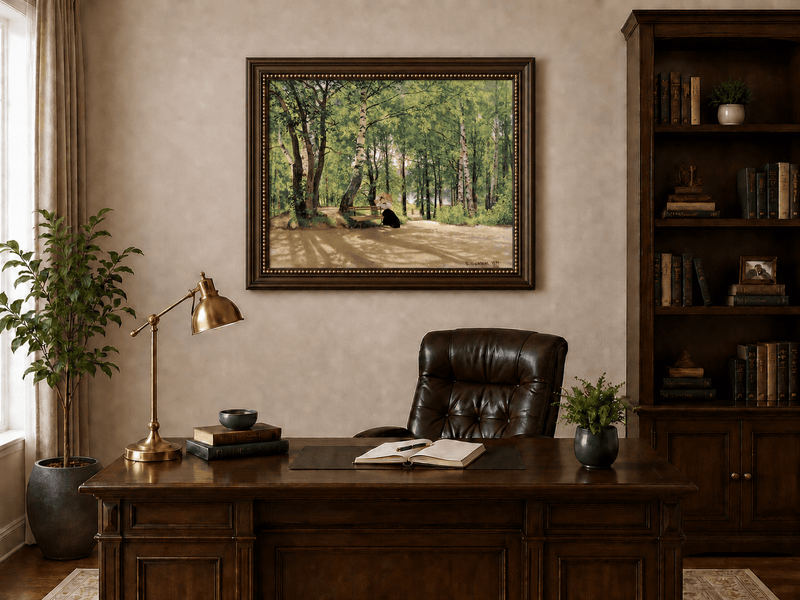 Framed hand-painted forest path oil painting with a figure resting near a bench displayed above a traditional home office desk.