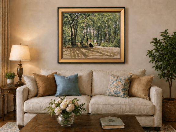 Framed hand-painted forest path oil painting with a figure resting near a bench displayed above a neutral living room sofa.