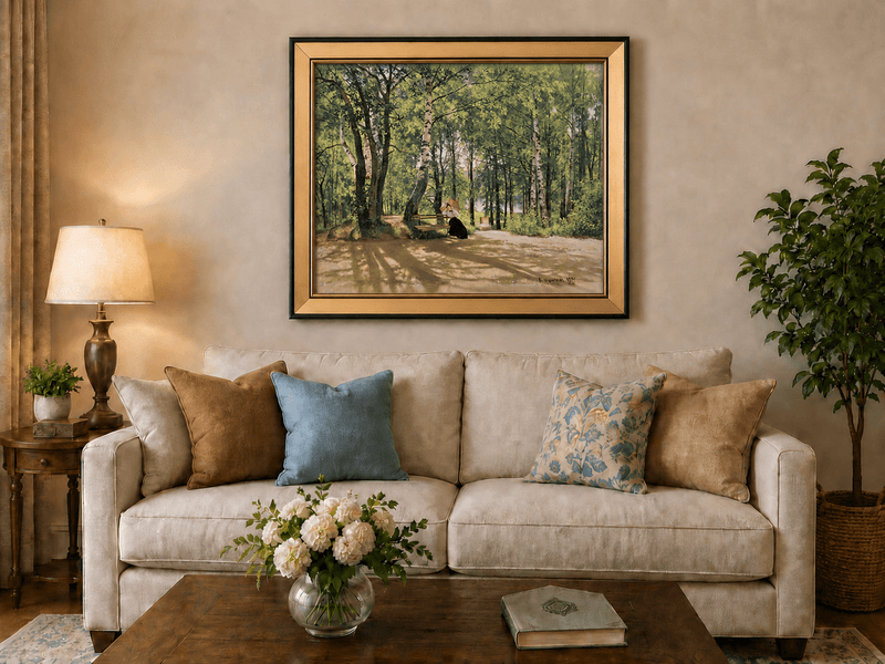 Framed hand-painted forest path oil painting with a figure resting near a bench displayed above a neutral living room sofa.