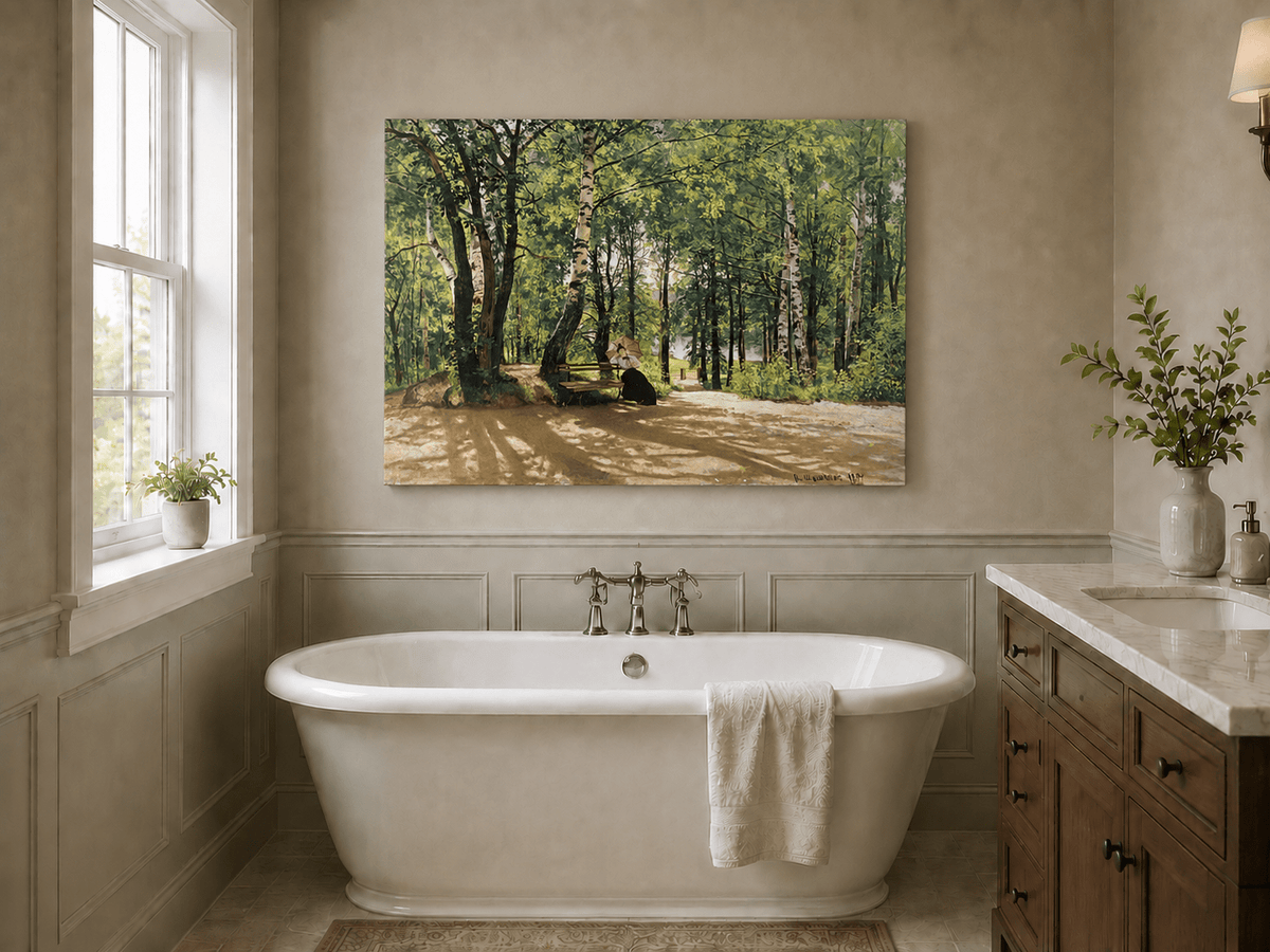 Unframed hand-painted forest path oil painting with a figure resting near a bench displayed above a freestanding bathtub.