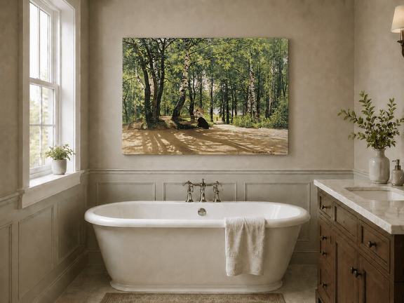 Unframed hand-painted forest path oil painting with a figure resting near a bench displayed above a freestanding bathtub.