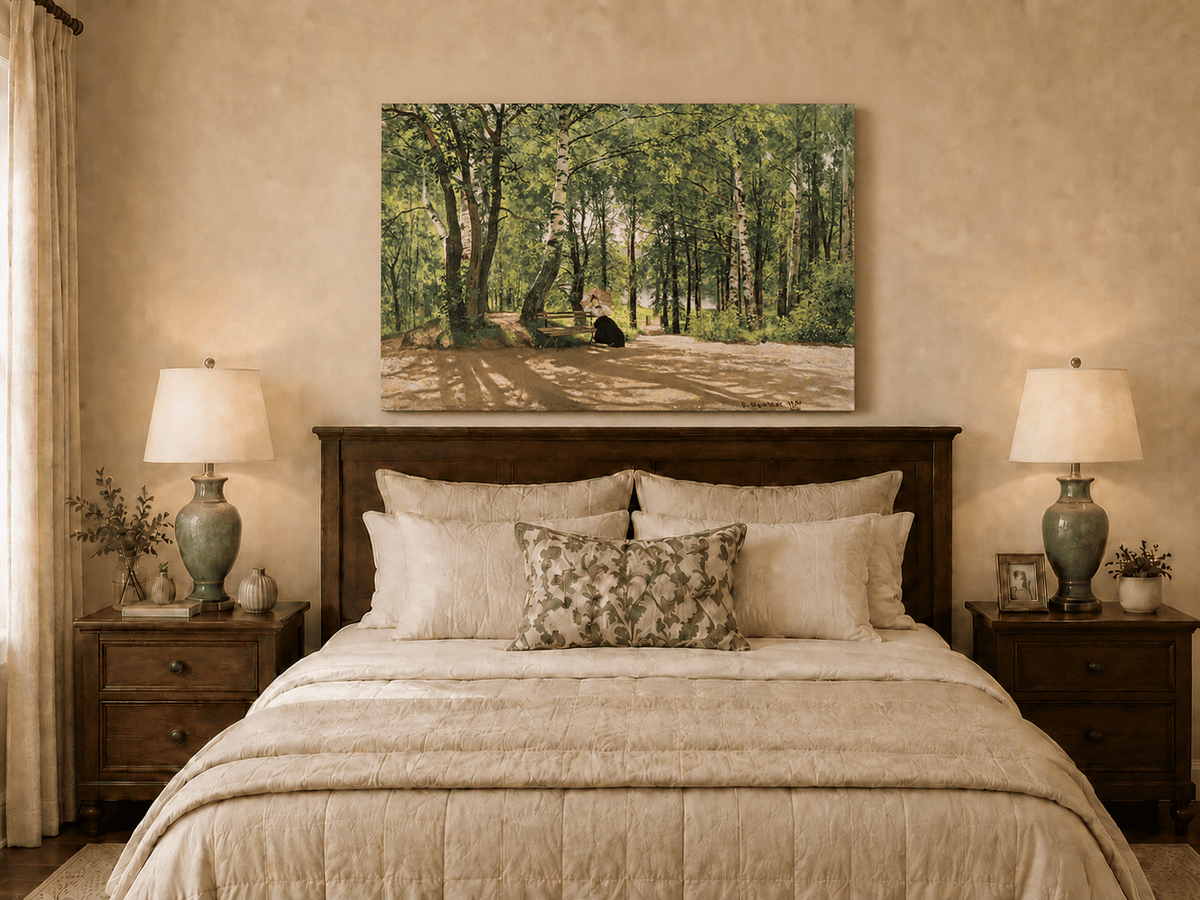Unframed hand-painted forest path oil painting with a figure resting near a bench displayed above a wooden bed in a neutral bedroom.