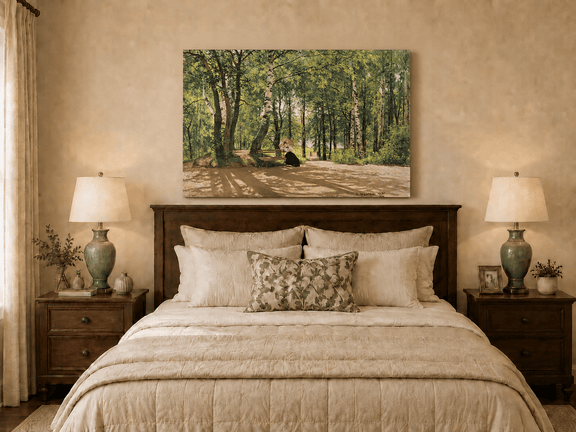 Unframed hand-painted forest path oil painting with a figure resting near a bench displayed above a wooden bed in a neutral bedroom.