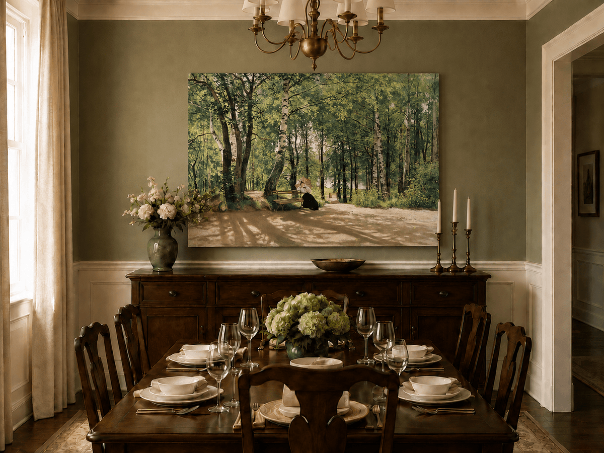Unframed hand-painted forest path oil painting with a figure resting near a bench displayed above a formal dining table.