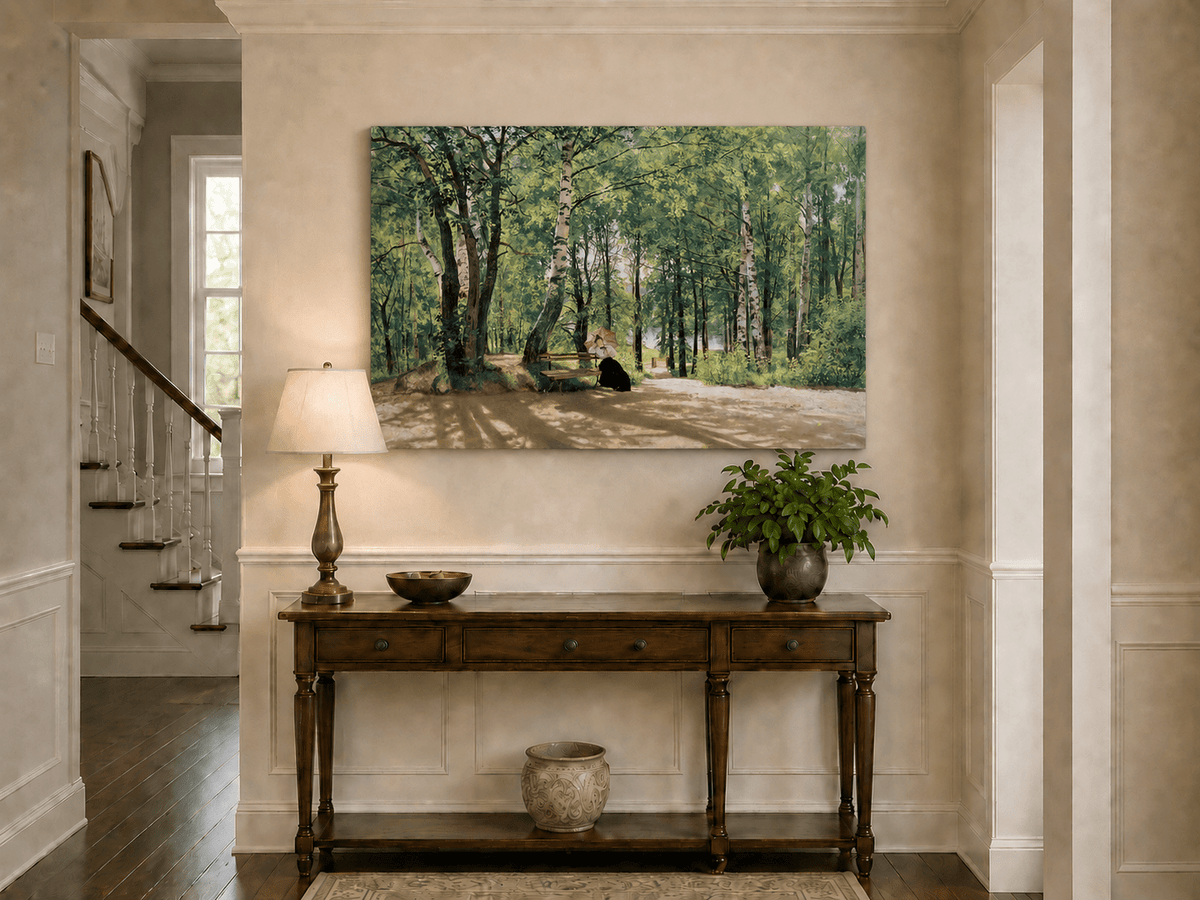 Unframed hand-painted forest path oil painting with a figure resting near a bench displayed above an entryway console table.