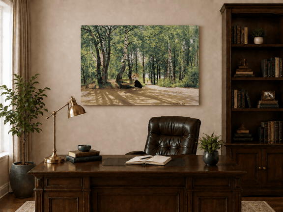 Unframed hand-painted forest path oil painting with a figure resting near a bench displayed above a traditional home office desk.