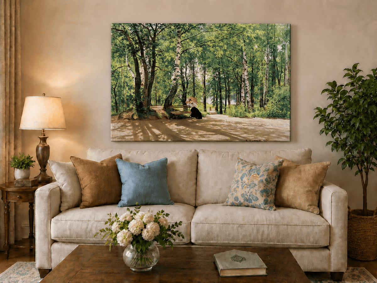 Unframed hand-painted forest path oil painting with a figure resting near a bench displayed above a neutral living room sofa.