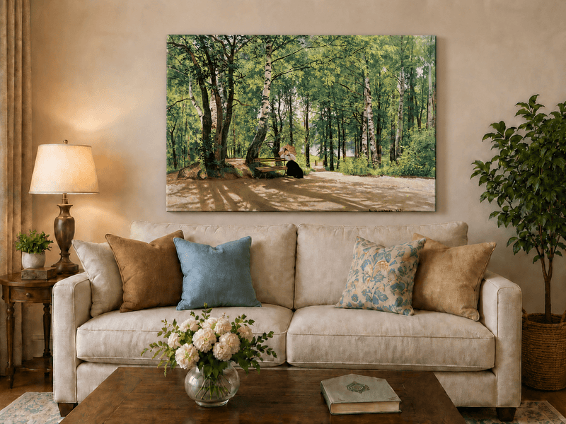Unframed hand-painted forest path oil painting with a figure resting near a bench displayed above a neutral living room sofa.