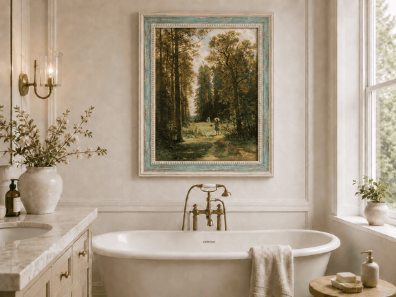 Framed hand-painted forest path oil painting with figures beneath autumn trees displayed above a freestanding bathtub.