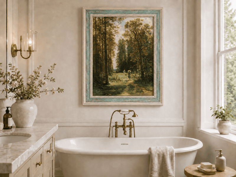 Framed hand-painted forest path oil painting with figures beneath autumn trees displayed above a freestanding bathtub.